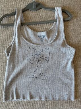 Brandy Melville Gray Ribbed Tank with Cute Line-Art Kittens